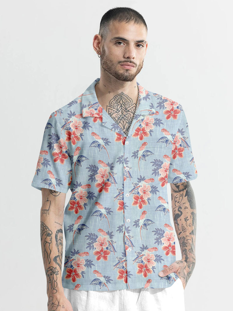 Sky Blue With Pink Floral Printed Half Sleeve Cotton Shirt