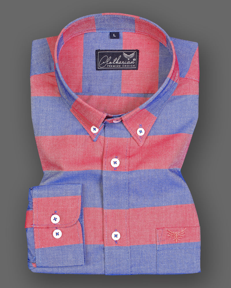 Blue And Red Weft Striped Button Down Dobby Premium Cotton Shirt