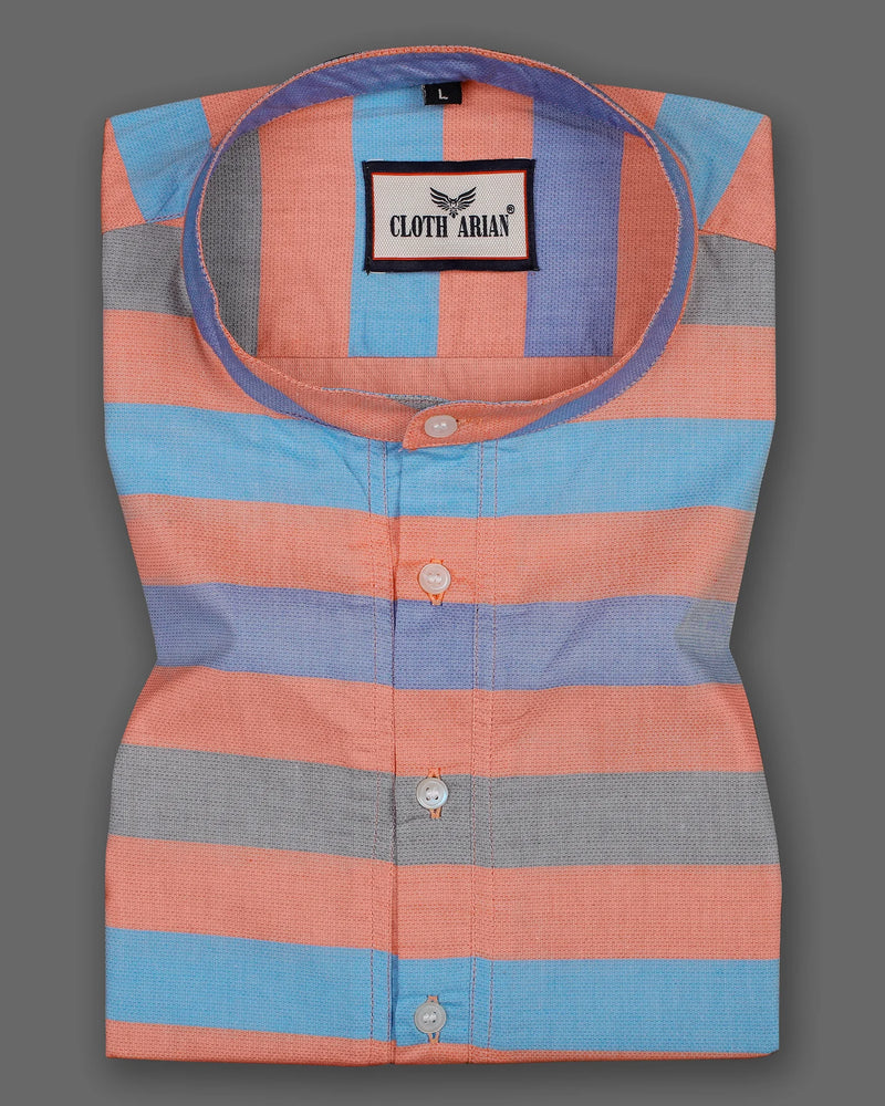 Light Blue With Orange Striped Short Sleeve Kurta Shirt