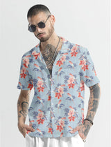 Sky Blue With Pink Floral Printed Half Sleeve Cotton Shirt