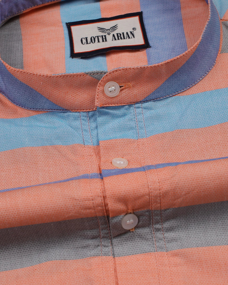 Light Blue With Orange Striped Short Sleeve Kurta Shirt