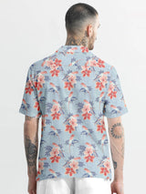 Sky Blue With Pink Floral Printed Half Sleeve Cotton Shirt