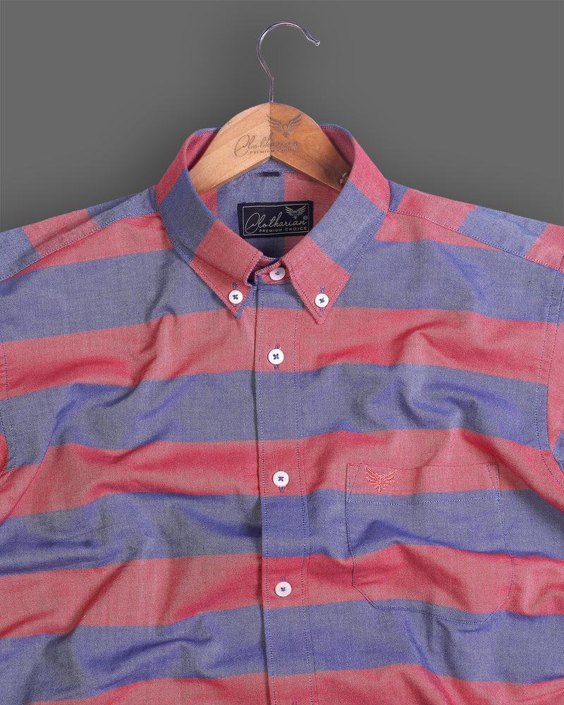 Blue And Red Weft Striped Button Down Dobby Premium Cotton Shirt