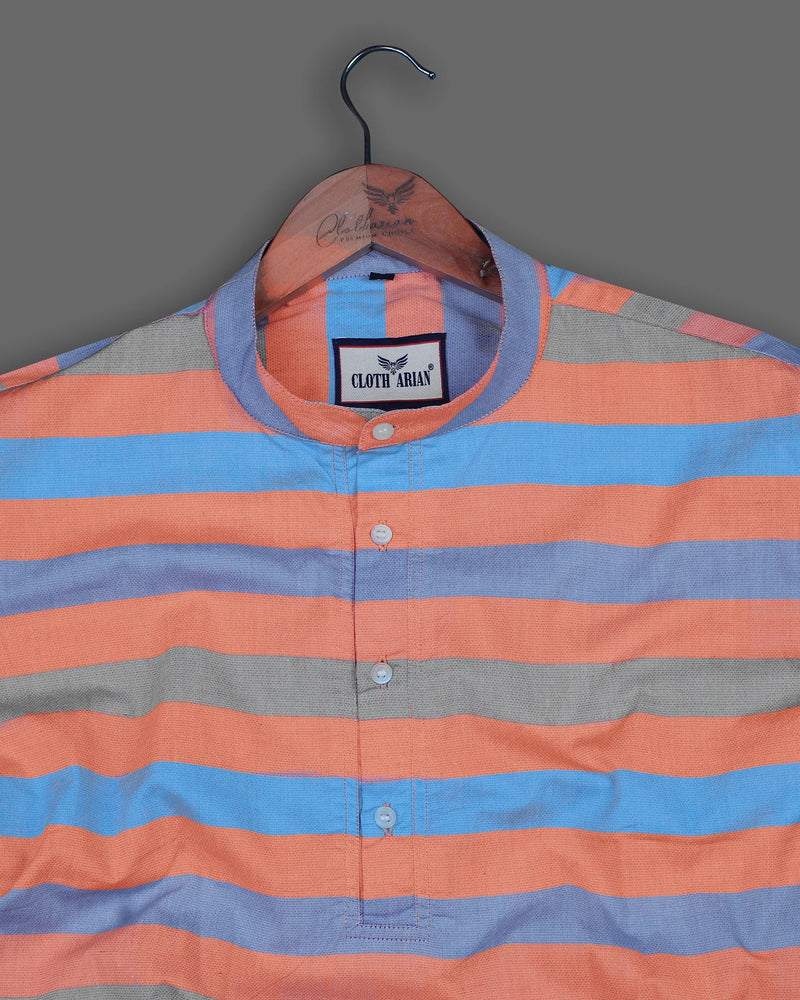 Light Blue With Orange Striped Short Sleeve Kurta Shirt