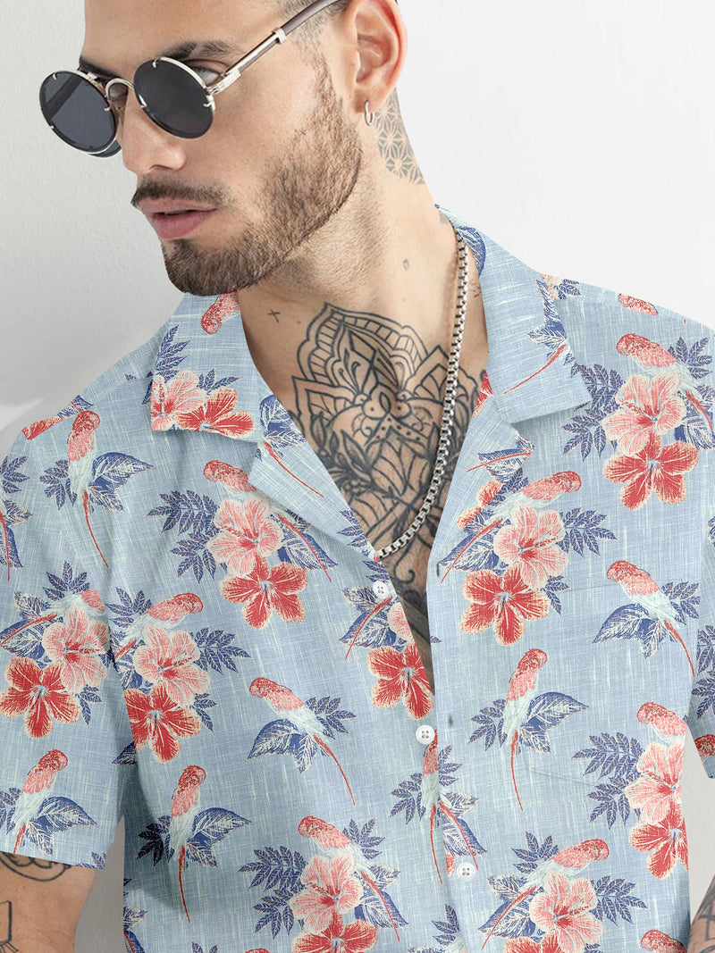 Sky Blue With Pink Floral Printed Half Sleeve Cotton Shirt