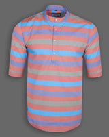 Light Blue With Orange Striped Short Sleeve Kurta Shirt