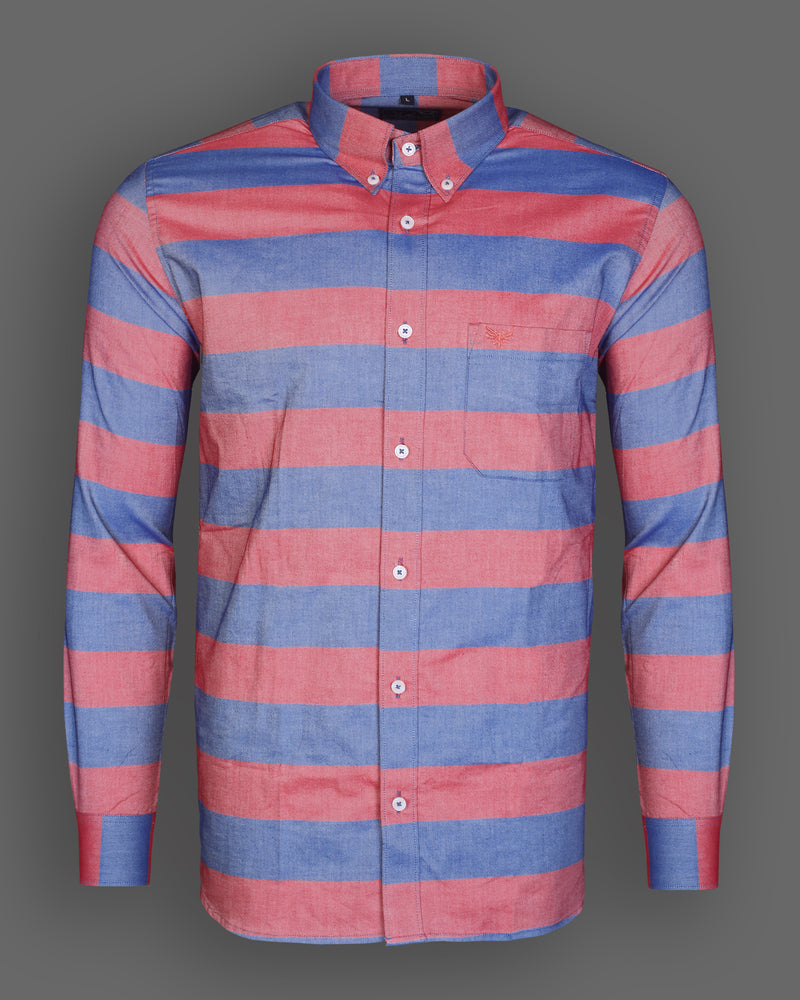 Blue And Red Weft Striped Button Down Dobby Premium Cotton Shirt