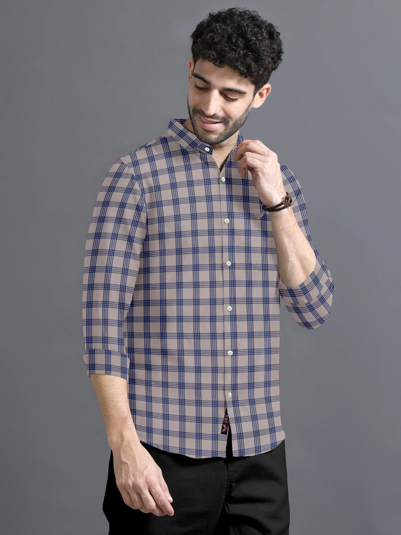 Khakhi Brown With Blue Plaid Twill Checks Cotton Shirt