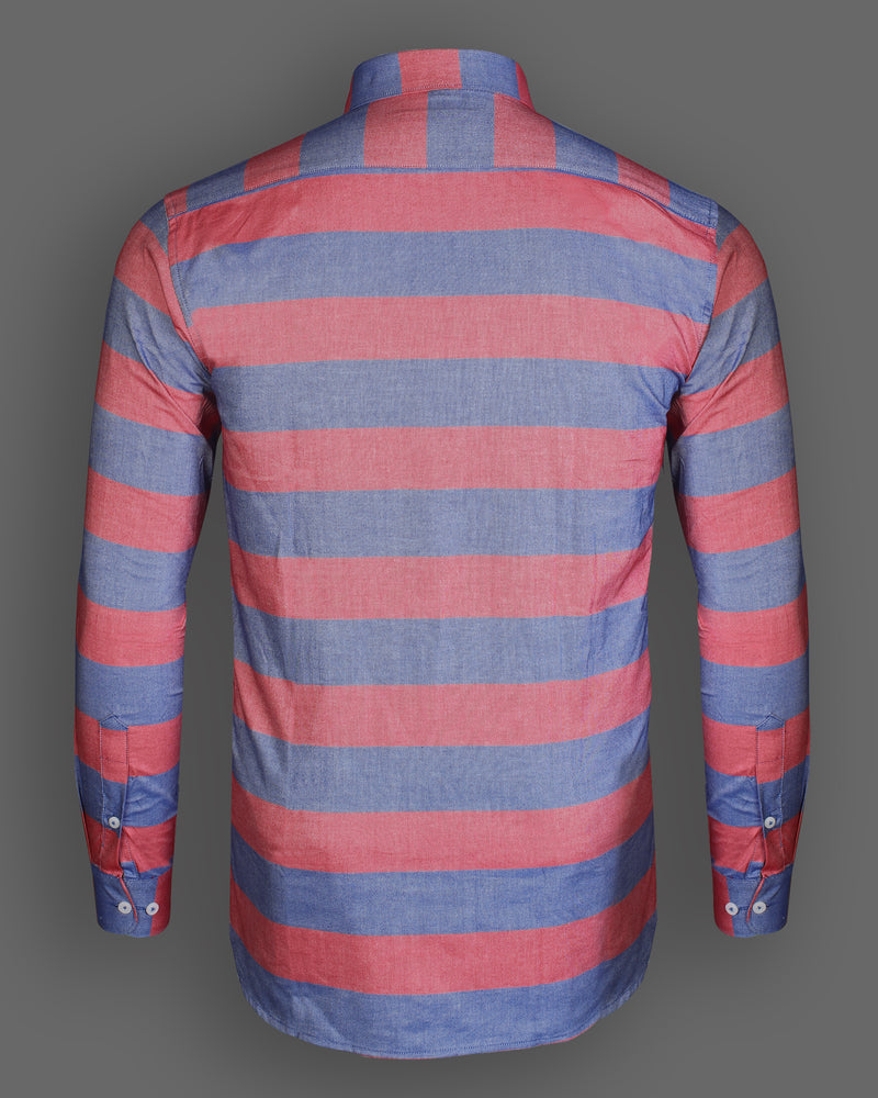 Blue And Red Weft Striped Button Down Dobby Premium Cotton Shirt