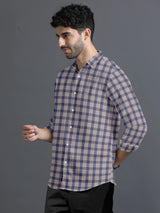 Khakhi Brown With Blue Plaid Twill Checks Cotton Shirt