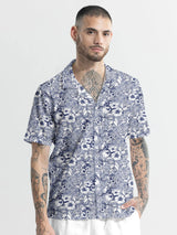 Navy Blue And White Floral Printed Half Sleeve Cotton Shirt