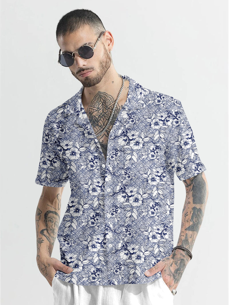 Navy Blue And White Floral Printed Half Sleeve Cotton Shirt