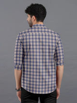 Khakhi Brown With Blue Plaid Twill Checks Cotton Shirt