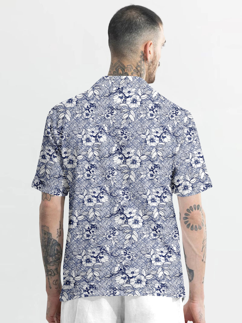 Navy Blue And White Floral Printed Half Sleeve Cotton Shirt