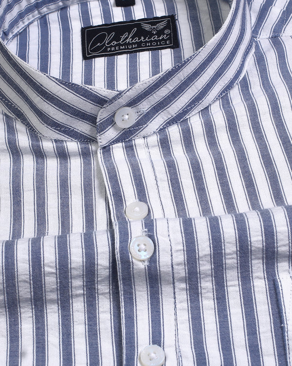 Bright White With Purple Navy Striped Cotton Kurta Shirt