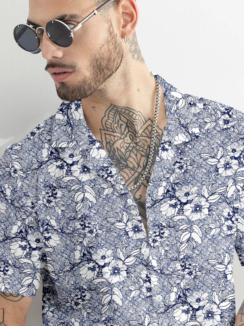 Navy Blue And White Floral Printed Half Sleeve Cotton Shirt