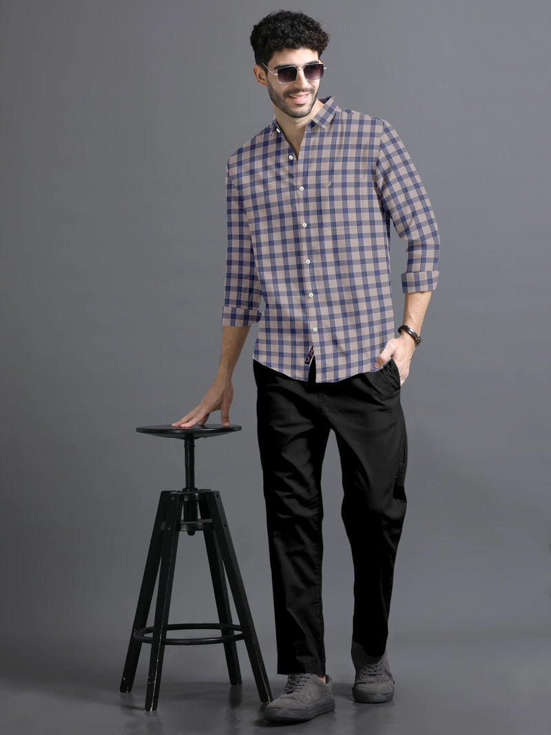 Khakhi Brown With Blue Plaid Twill Checks Cotton Shirt