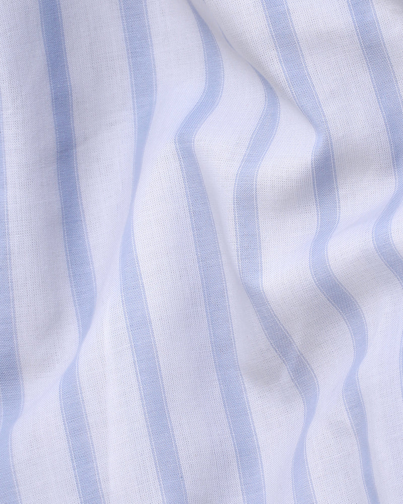 Bright White With Lavender Grey Striped Half Sleeve Cotton Shirt