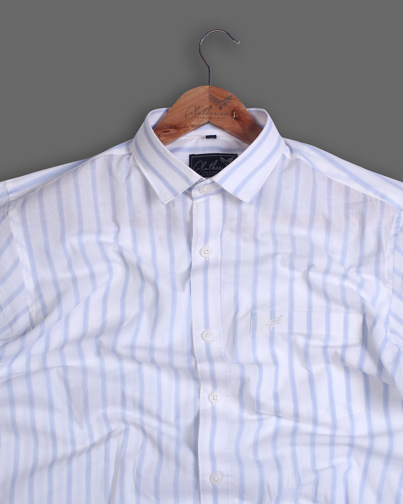 Bright White With Lavender Grey Striped Half Sleeve Cotton Shirt