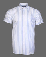 Bright White With Lavender Grey Striped Half Sleeve Cotton Shirt