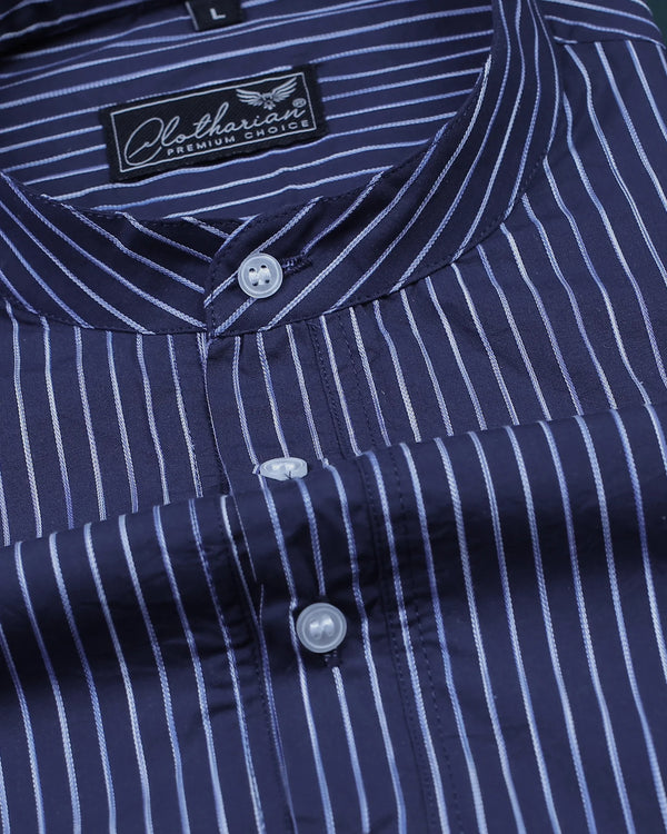 Dark Purple With White Striped Short Sleeve Kurta Shirt