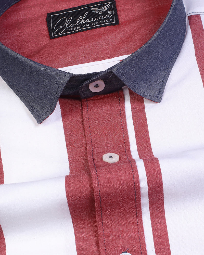 Scarlet Red With Navy Blue Striped Premium Cotton Shirt