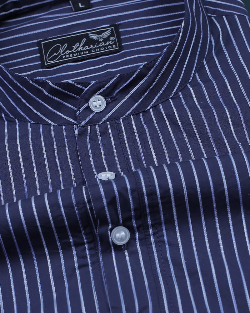 Dark Purple With White Striped Short Sleeve Kurta Shirt