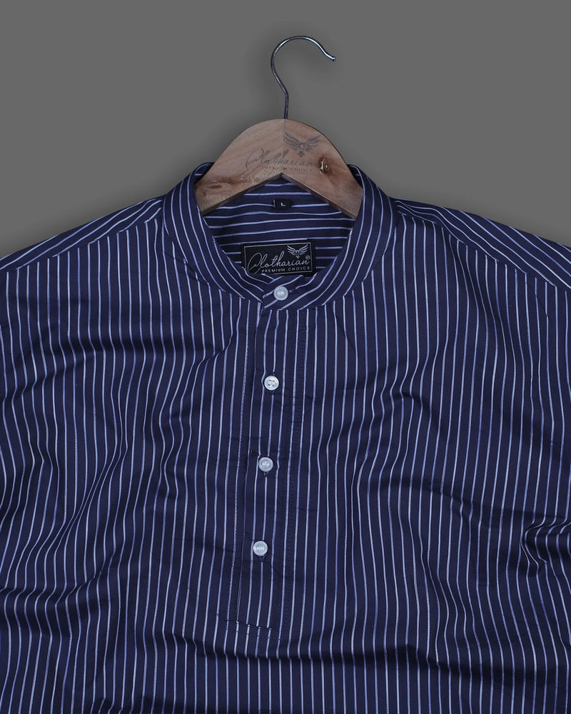 Dark Purple With White Striped Short Sleeve Kurta Shirt