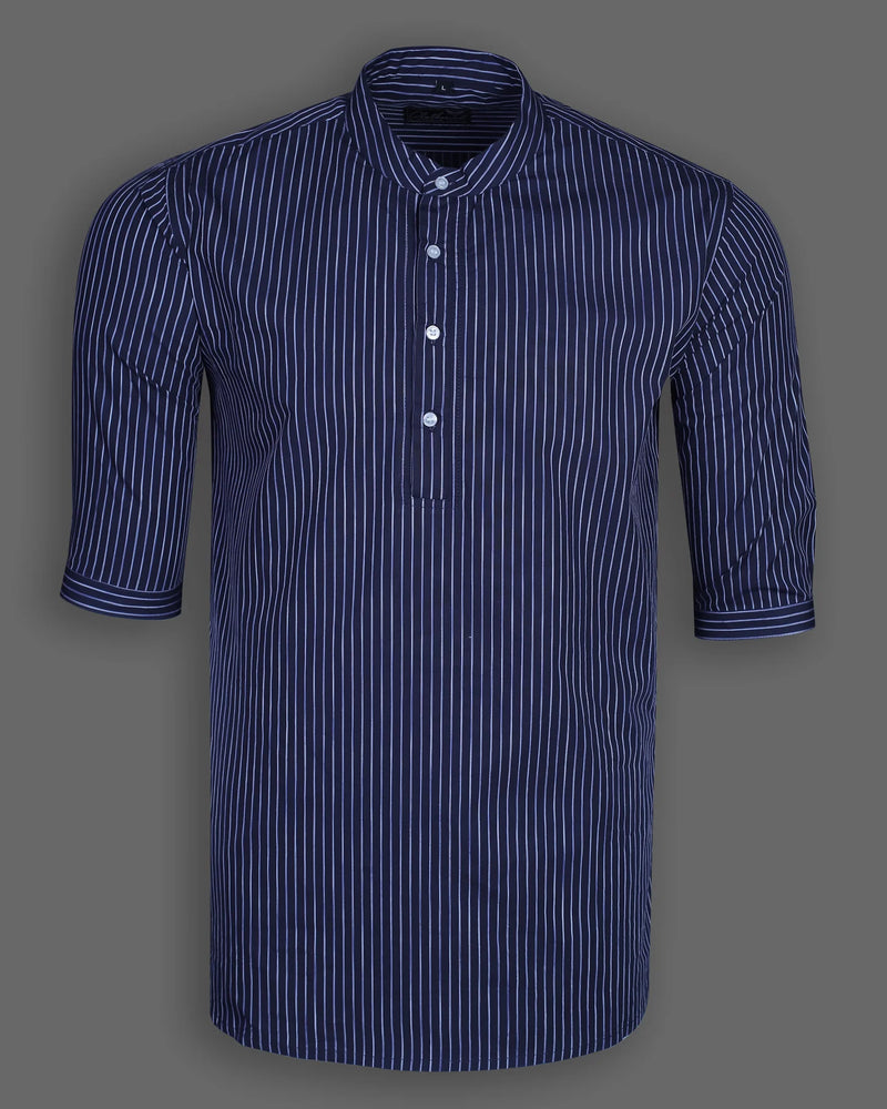 Dark Purple With White Striped Short Sleeve Kurta Shirt