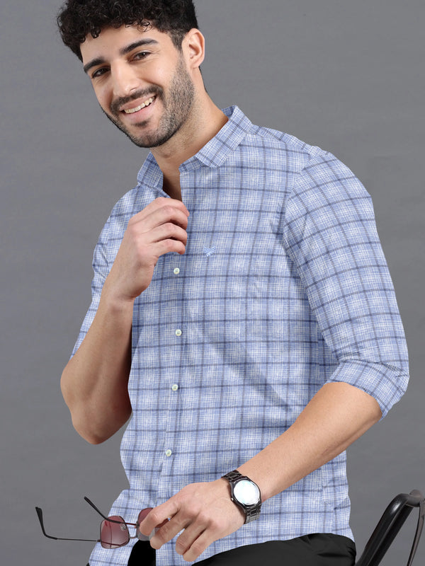 Powder Blue With Black Checks Premium Super Soft Dobby Cotton Shirt