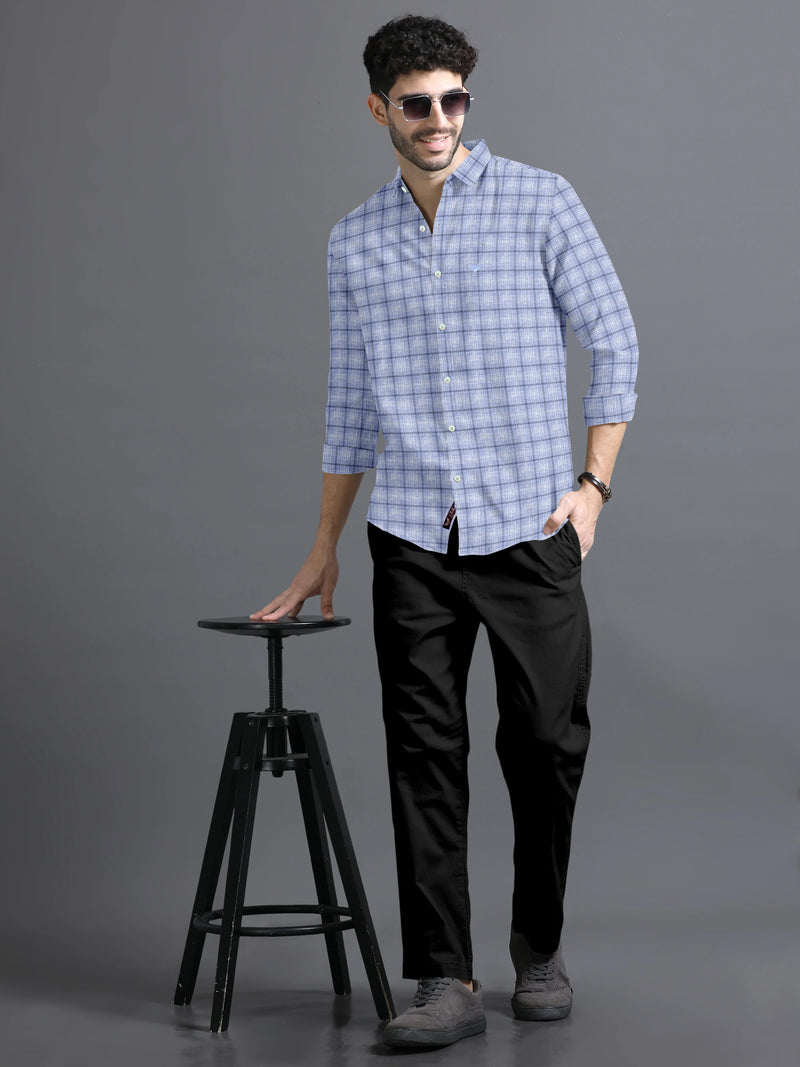 Powder Blue With Black Checks Premium Super Soft Dobby Cotton Shirt