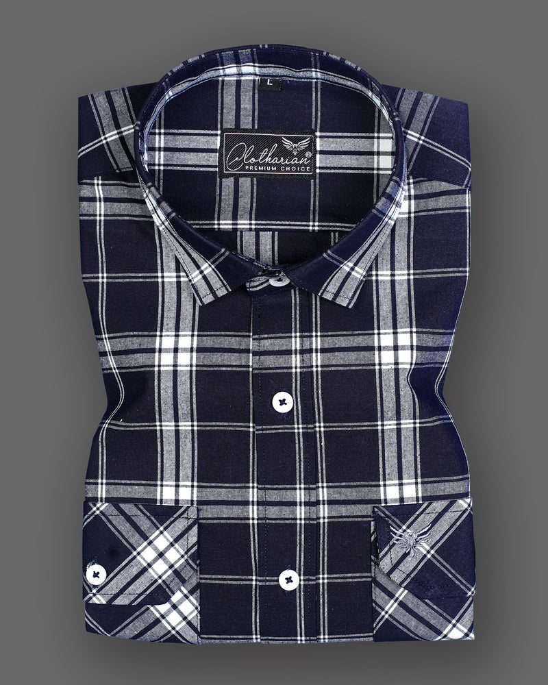 Denim Blue With White Casual Double Pocket Checks Half Sleeve Shirt