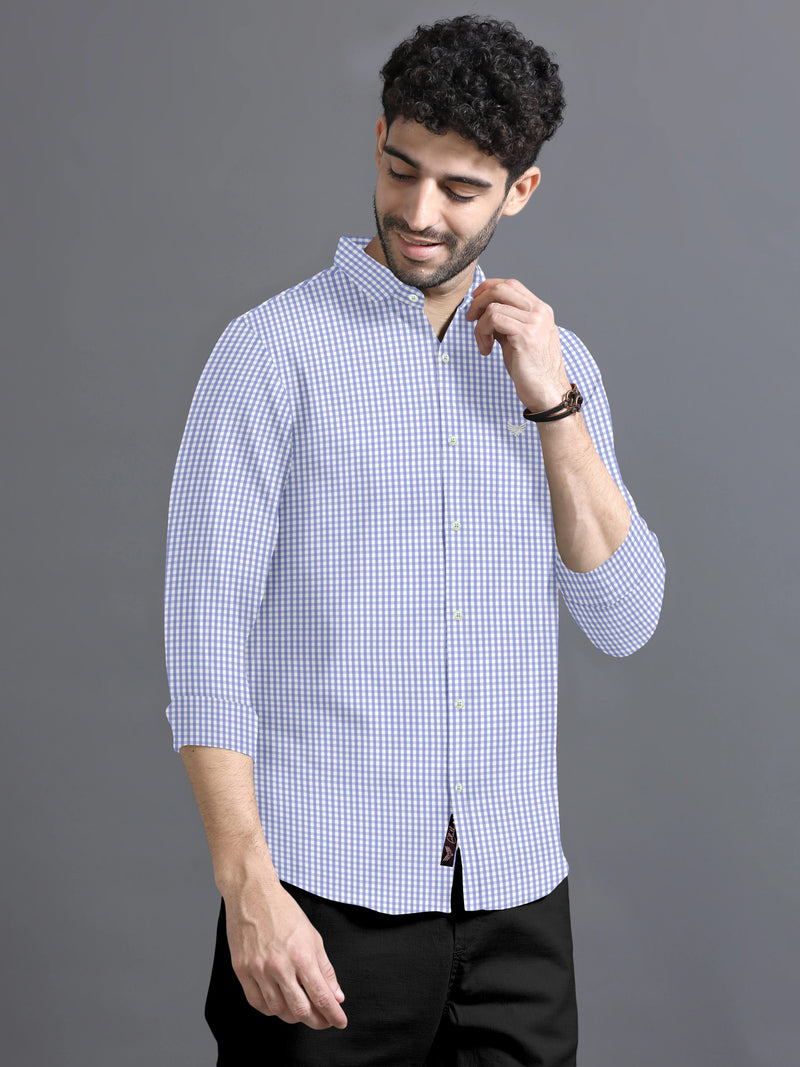 Sky Blue With Bright White Formal Checks Super Soft Giza Cotton Shirt