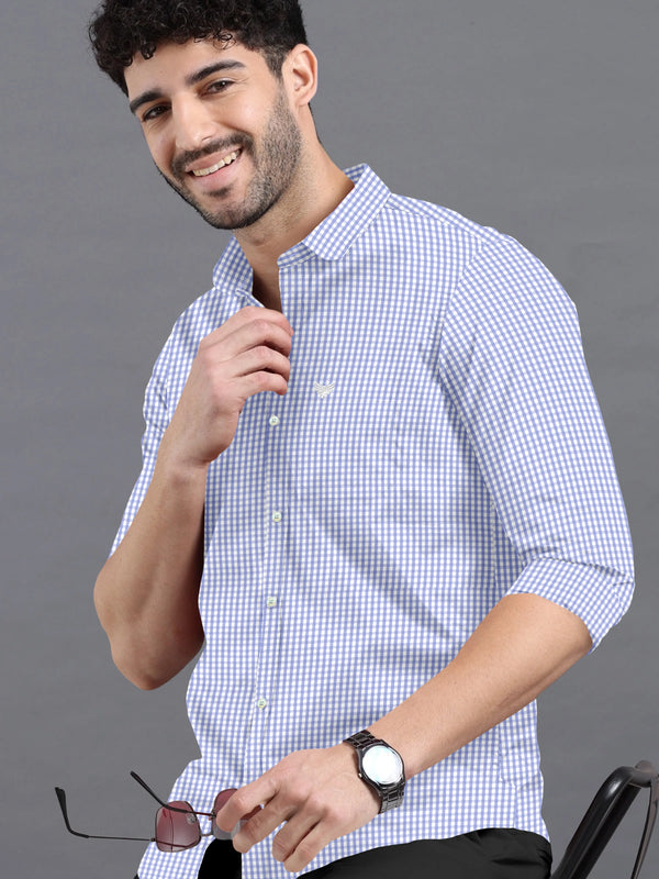 Sky Blue With Bright White Formal Checks Super Soft Giza Cotton Shirt