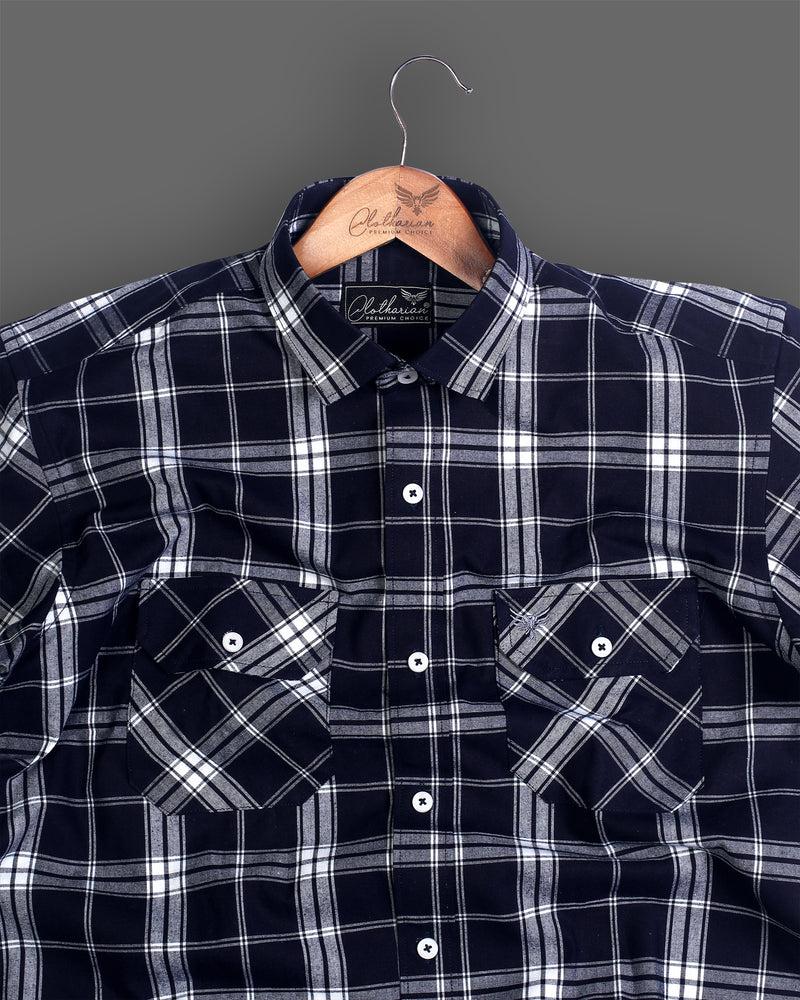 Denim Blue With White Casual Double Pocket Checks Half Sleeve Shirt