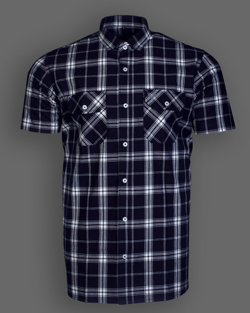 Denim Blue With White Casual Double Pocket Checks Half Sleeve Shirt