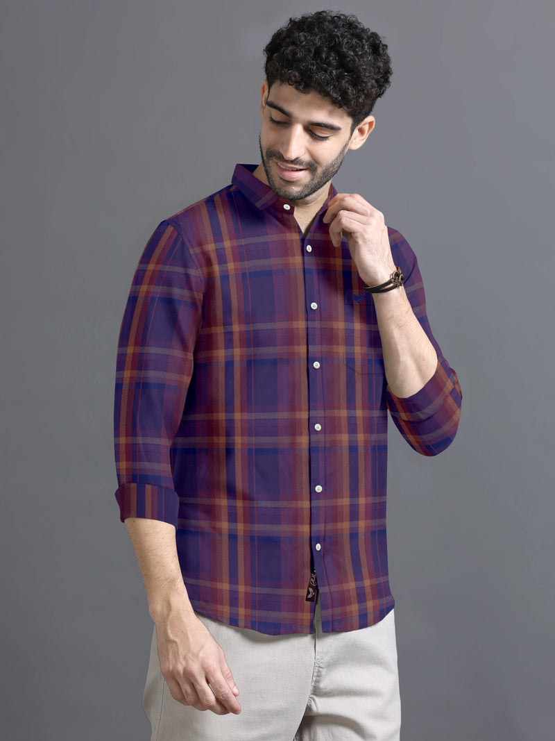 Imperial Blue With Light Brown Twill Checks Premium Cotton Shirt