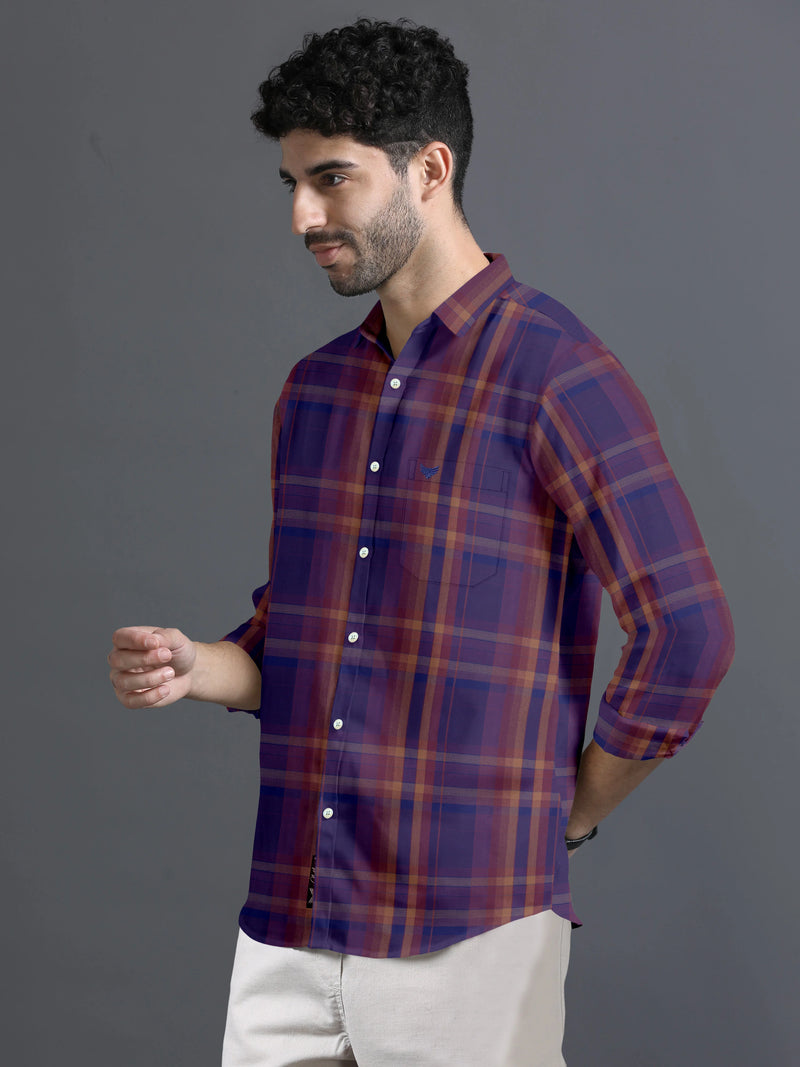 Imperial Blue With Light Brown Twill Checks Premium Cotton Shirt