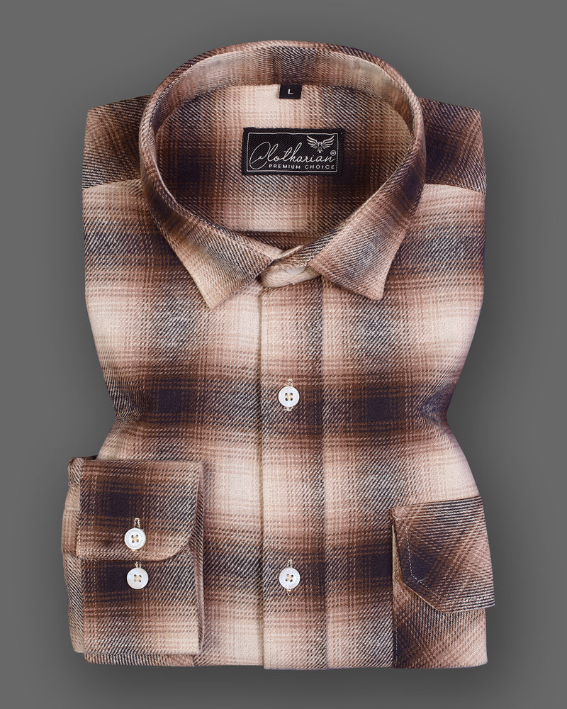 Ferra Brown And Cream Double Pocket Casual Plaid Checks Cotton Shirt