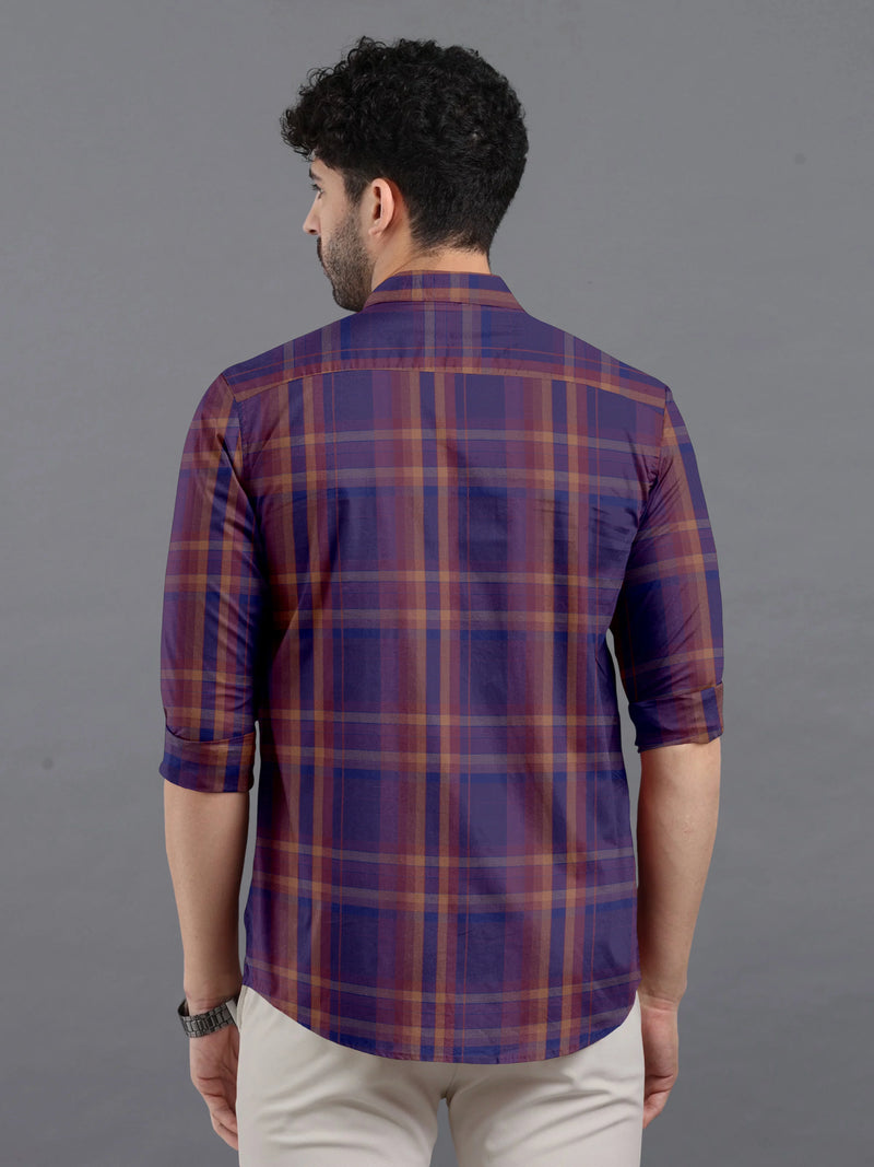 Imperial Blue With Light Brown Twill Checks Premium Cotton Shirt