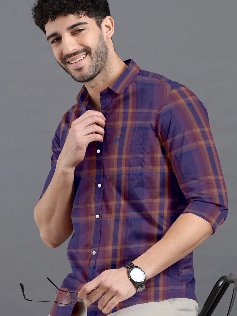 Imperial Blue With Light Brown Twill Checks Premium Cotton Shirt