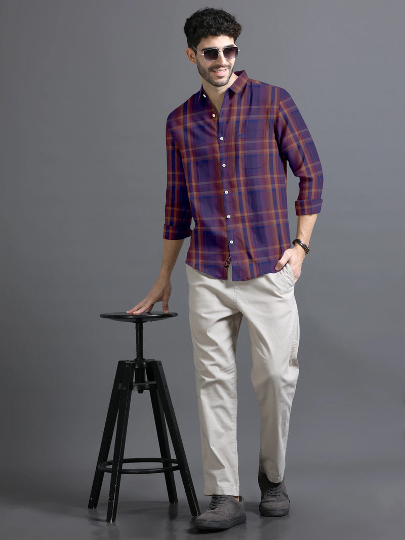 Imperial Blue With Light Brown Twill Checks Premium Cotton Shirt