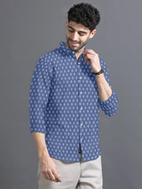 Denim Blue Floral Printed Premium Cotton Shirt