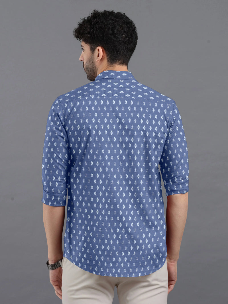 Denim Blue Floral Printed Premium Cotton Shirt