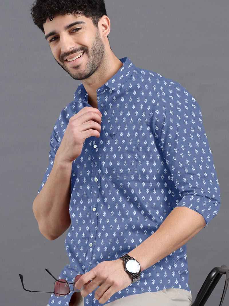 Denim Blue Floral Printed Premium Cotton Shirt