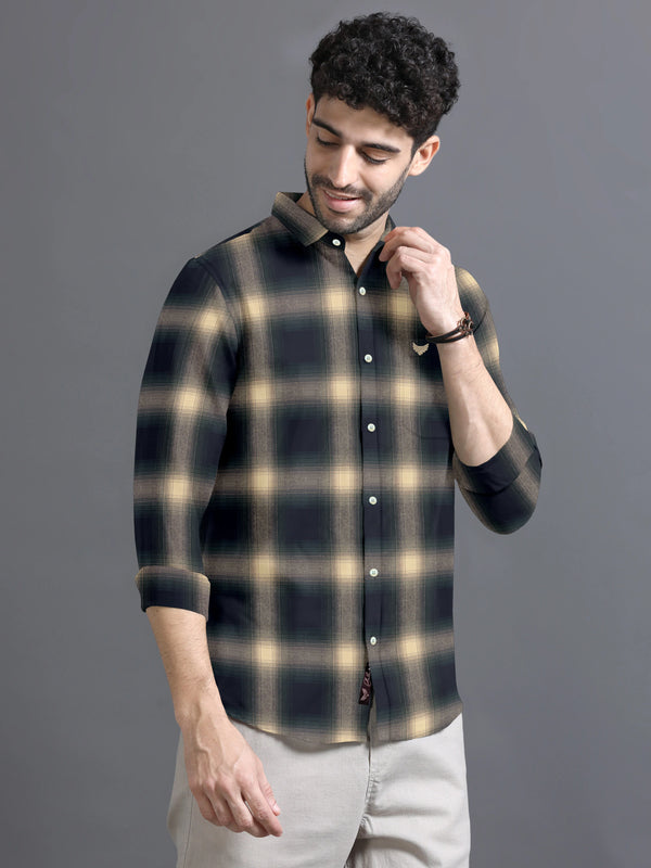 Olive Green With Cream Plaid Twill Ckecks Cotton Shirt