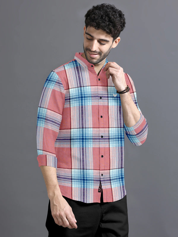 Red With Sky Casual Checks Premium Cotton Shirt