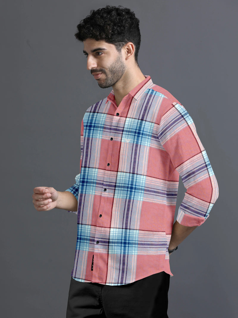 Red With Sky Casual Checks Premium Cotton Shirt