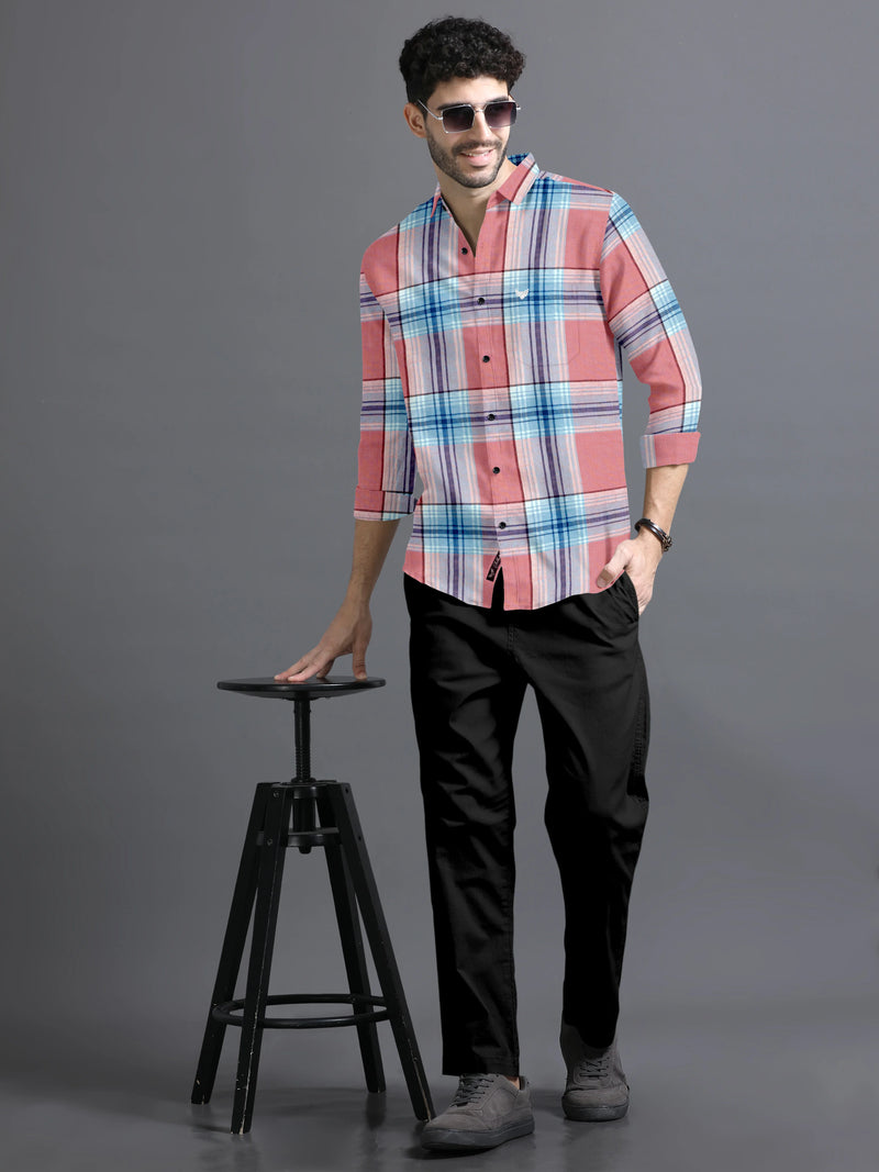 Red With Sky Casual Checks Premium Cotton Shirt