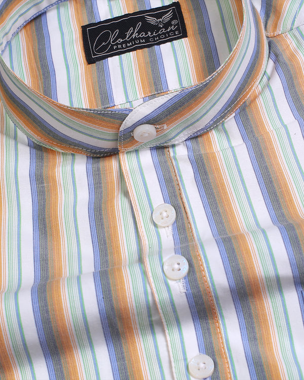 Orange Multicolored Print Striped Cotton Kurta Shirt